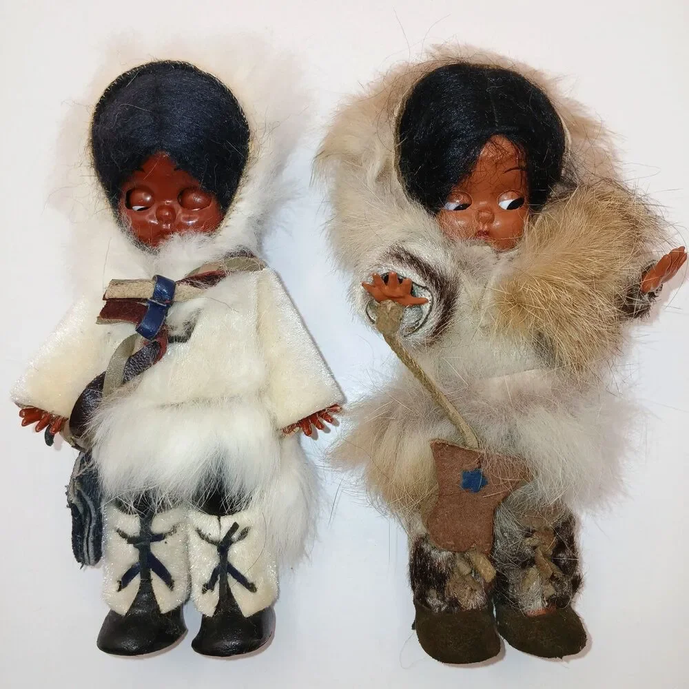 Vtg Native Alaskan Dolls x2 Real Fur Leather Sleepy Eyes Mittens Folk Art 6